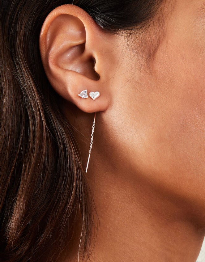 2-Pack Sterling Silver-Plated Diamante Chain Heart Stud Earrings, , large