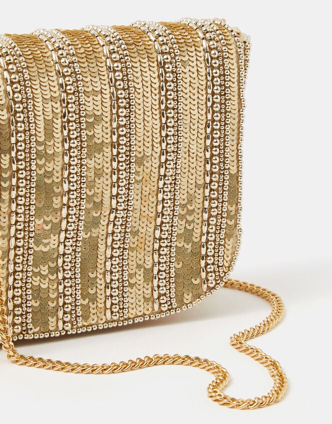 Beaded Fold-Over Clutch Bag, Gold (GOLD), large