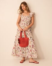 Floral Print Tiered Maxi Dress, Ivory (IVORY), large