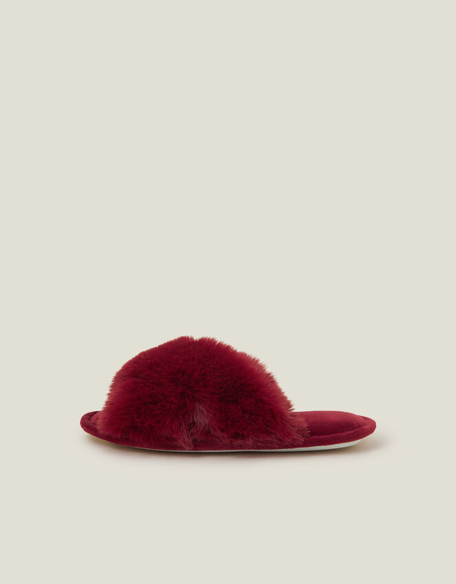 Cross Strap Faux Fur Slide Slippers, Red (RED), large