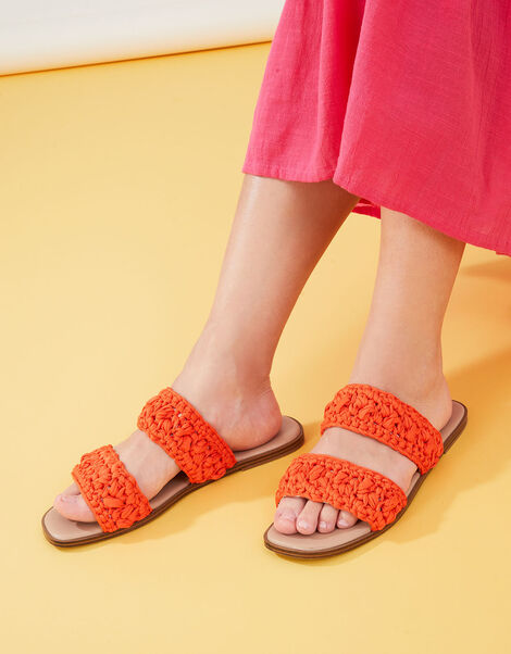 Raffia Macrame Two Strap Mules, Orange (ORANGE), large