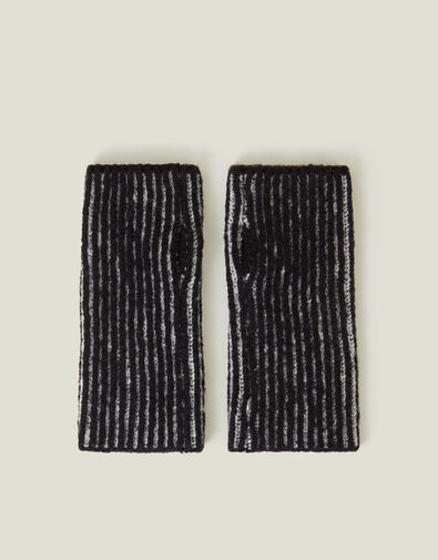 Rib Knit Fingerless Gloves, Black (BLACK), large