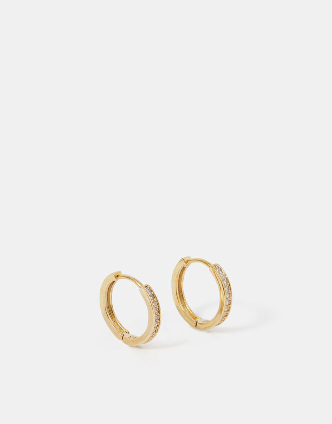 14ct Gold-Plated Pav&eacute; Huggie Hoop Earrings, , large