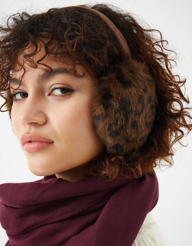 Faux Fur Leopard Print Earmuffs, , large