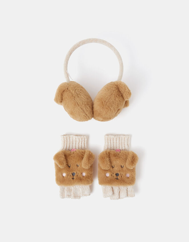 Girls Dog Faux Fur Earmuffs & Mittens Set, Tan (TAN), large
