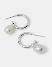 Sterling Silver-Plated Pearl Drop Hoop Earrings, , large