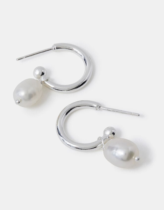 Sterling Silver-Plated Pearl Drop Hoop Earrings, , large