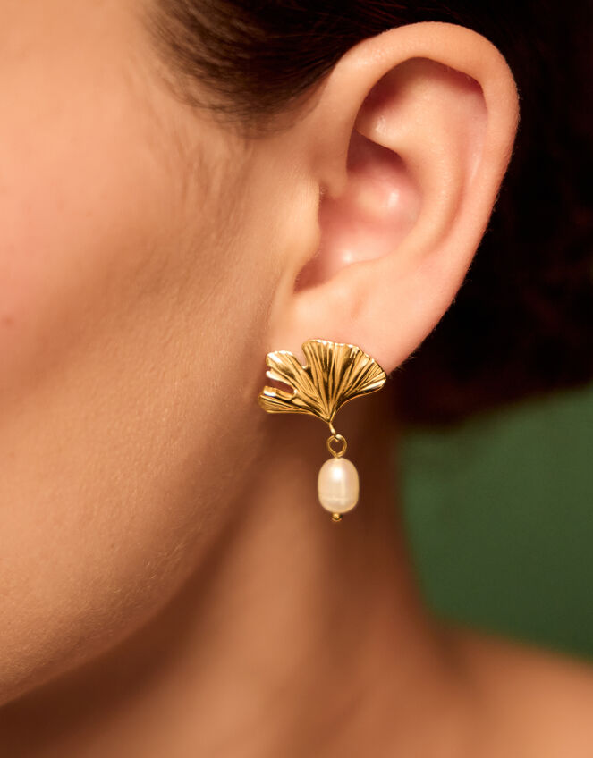 Stainless Steel Coral Pearl Drop Earrings, , large