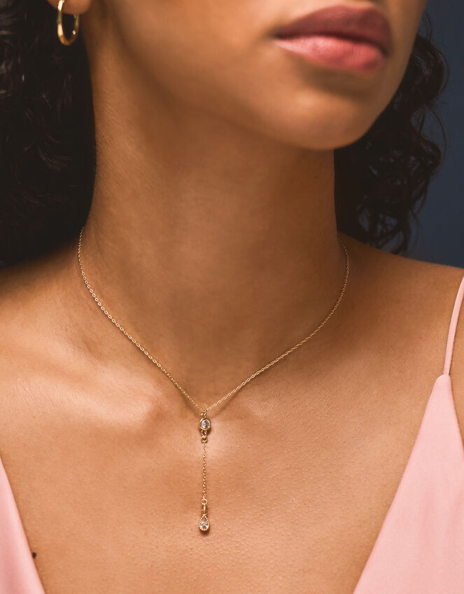 14ct Gold-Plated Cubic Zirconia Lariat Necklace, , large