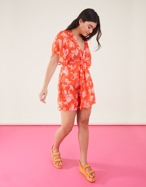 Fruity Floral Twist Detail Chiffon Kaftan, Orange (ORANGE), large