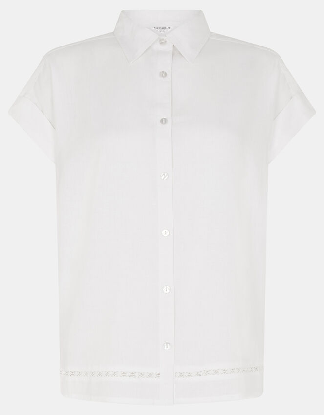Lace Trim Linen Blend Shirt , White (WHITE), large