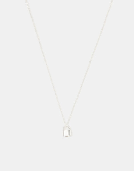 Sterling Silver Lock Pendant Necklace, , large