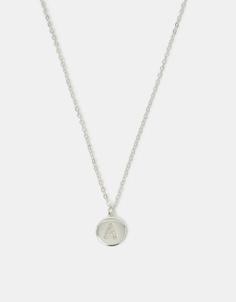 Sterling Silver-Plated Diamante Initial Round Pendant Necklace, Silver (ST SILVER), large