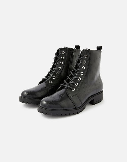 Croc Print Lace-Up Chunky Boots, Black (BLACK), large