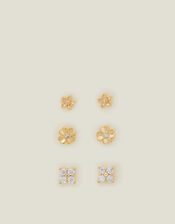 3-Pack 14ct Gold-Plated Flower Stud Earrings, , large