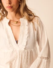 Flute Sleeve Tassel Tiered Mini Dress, Ivory (IVORY), large