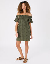 Schiffly Bardot Dress in Organic Cotton, Green (KHAKI), large