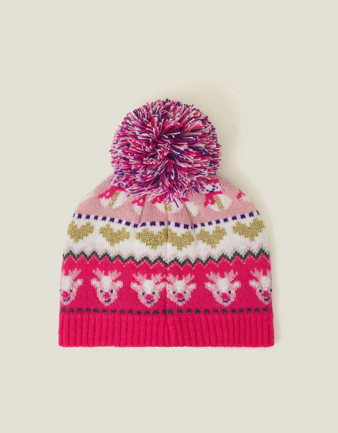 Girls Christmas Fair Isle Beanie Hat, Pink (PINK), large