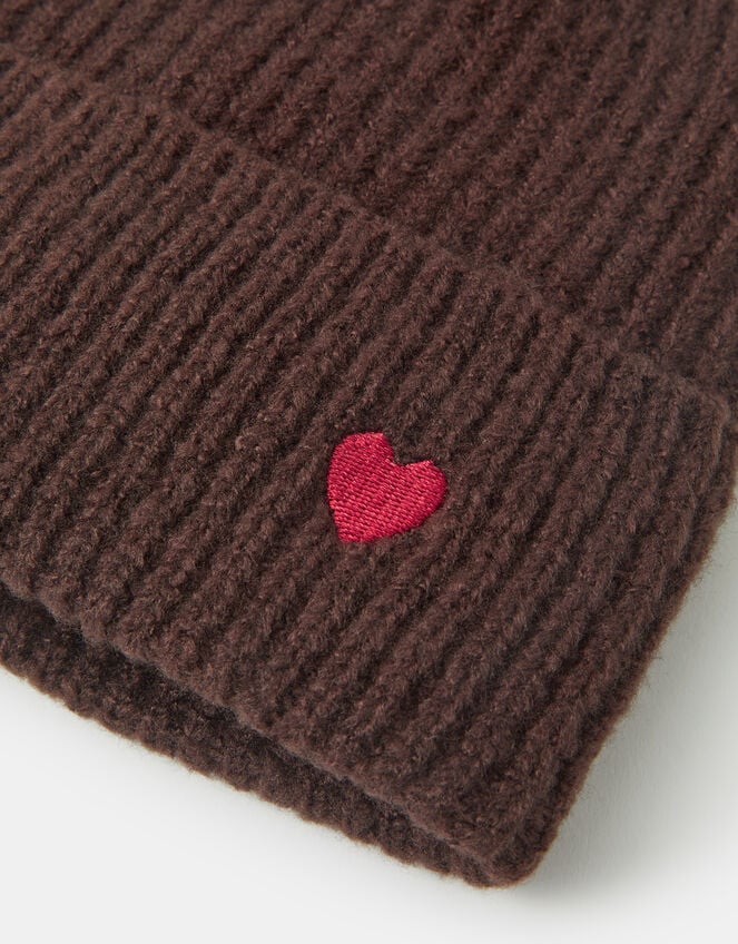 Heart Embroidered Beanie Hat, Brown (CHOCOLATE), large