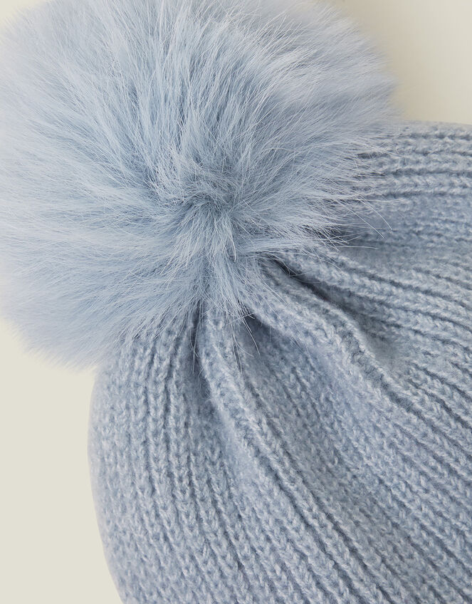 Faux Fur Pom Rib Beanie Hat, Blue (BLUE), large