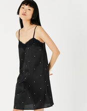 Spot Satin Slip Dress, Black (BLACK), large