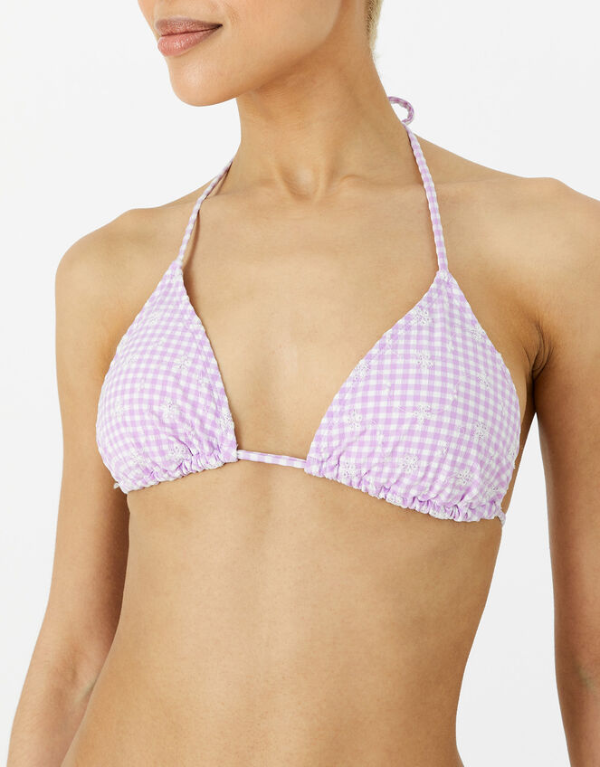 Gingham Schiffli Triangle Bikini Top, Purple (LILAC), large