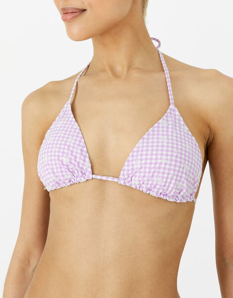 Gingham Schiffli Triangle Bikini Top Purple, Purple (LILAC), large