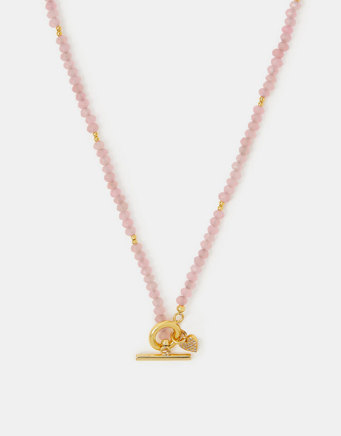 14ct Gold-Plated Healing Stone Bead T-Bar Necklace, Pink (ROSE PINK), large