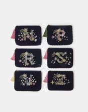 Embellished Initial Velvet Pouch, Blue (NAVY), large