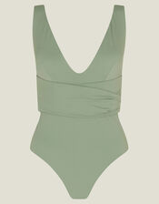 Plunge Wrap Shaping Swimsuit, Green (KHAKI), large