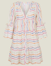 Stripe Flute Sleeve Dress, White (WHITE), large