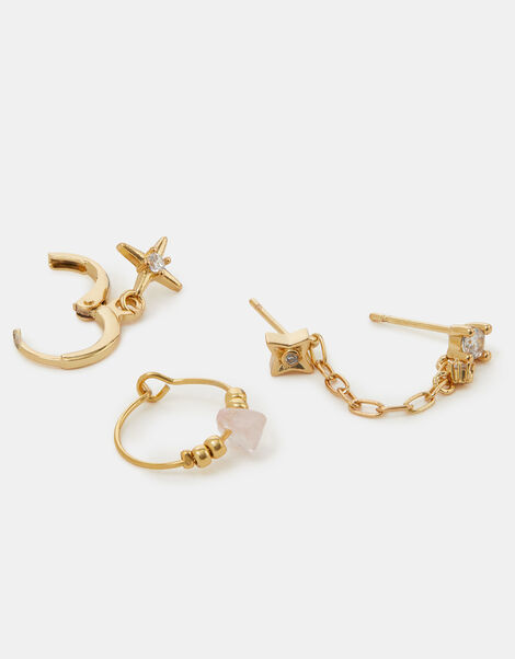 14ct Gold-Plated Quartz Healing Stone Stud & Hoop Earrings Set, Pink (ROSE PINK), large