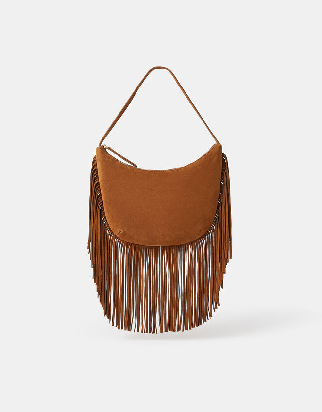 Leather Fringe Scoop Shoulder Bag, , large