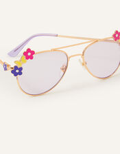 Girls Flower Butterfly Detail Aviator Sunglasses, , large