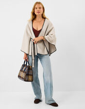 Contrast Trim Belted Poncho, , large
