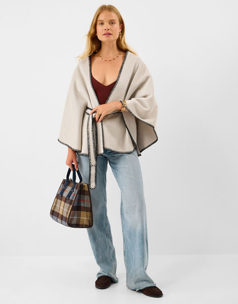 Contrast Trim Belted Poncho, , large