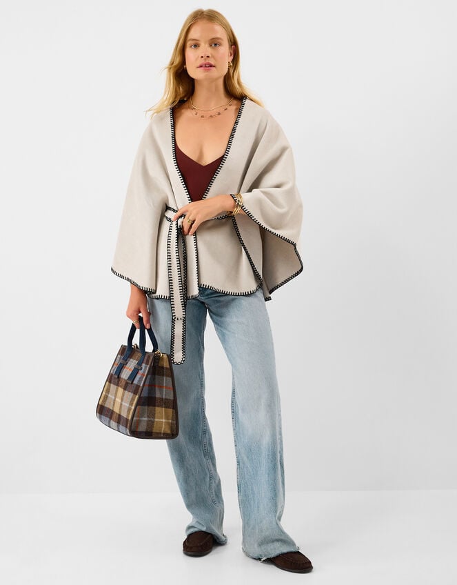 Contrast Trim Belted Poncho, , large
