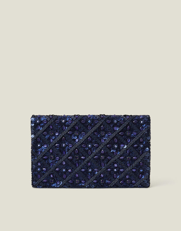 Metallic Embellished Clutch Bag, Blue (NAVY), large