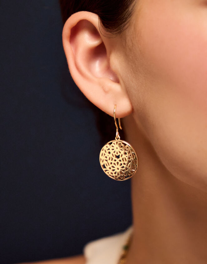 14ct Gold-Plated Round Filigree Drop Earrings, , large
