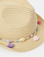 Girls Beaded Trim Straw Hat, Natural (NATURAL), large