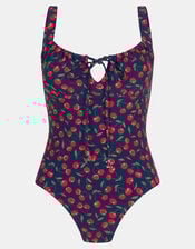 Cherry Print Front Tie Swimsuit, Blue (NAVY), large
