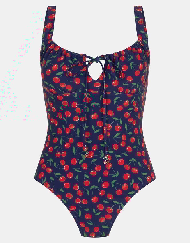 Cherry Print Front Tie Swimsuit, Blue (NAVY), large