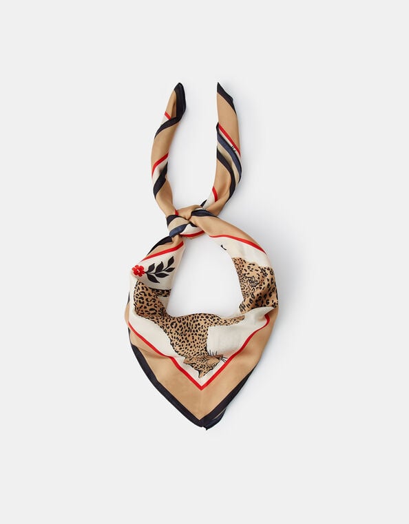 Leopard Print Square Satin Scarf, , large