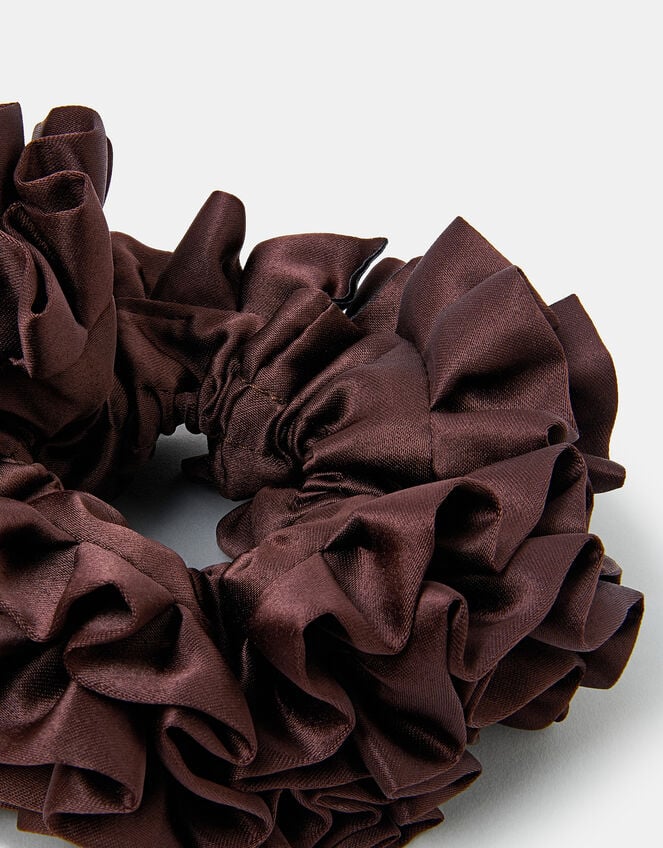Oversized Ruffle Satin Hair Scrunchie Brown, , large