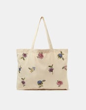 Floral Embroidered Corduroy Shopper Bag, Cream (CREAM), large