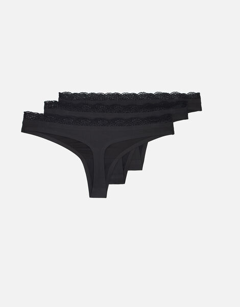 Lazer Cut Thongs Set of Three Black, Black (BLACK), large