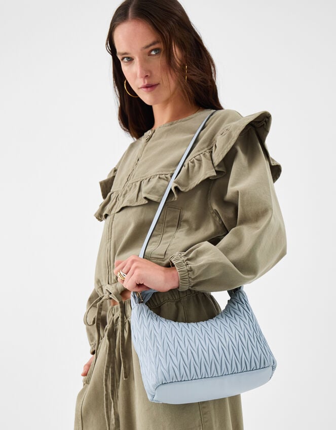 Ruched Faux Leather Handbag, Blue (BLUE), large