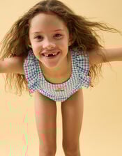 Girls Embellished Cherry Gingham Swimsuit, Blue (BLUE), large