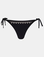 Shell Embroidered Tie Side Bikini Bottoms, Black (BLACK), large