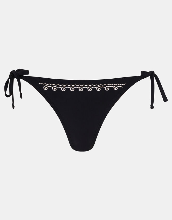 Shell Embroidered Tie Side Bikini Bottoms, Black (BLACK), large